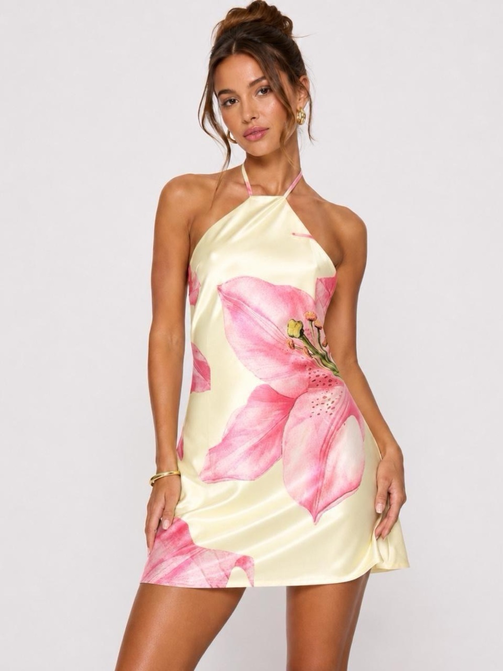 Princess Polly Cream Satin Halter Mini Dress with Pink Floral Print